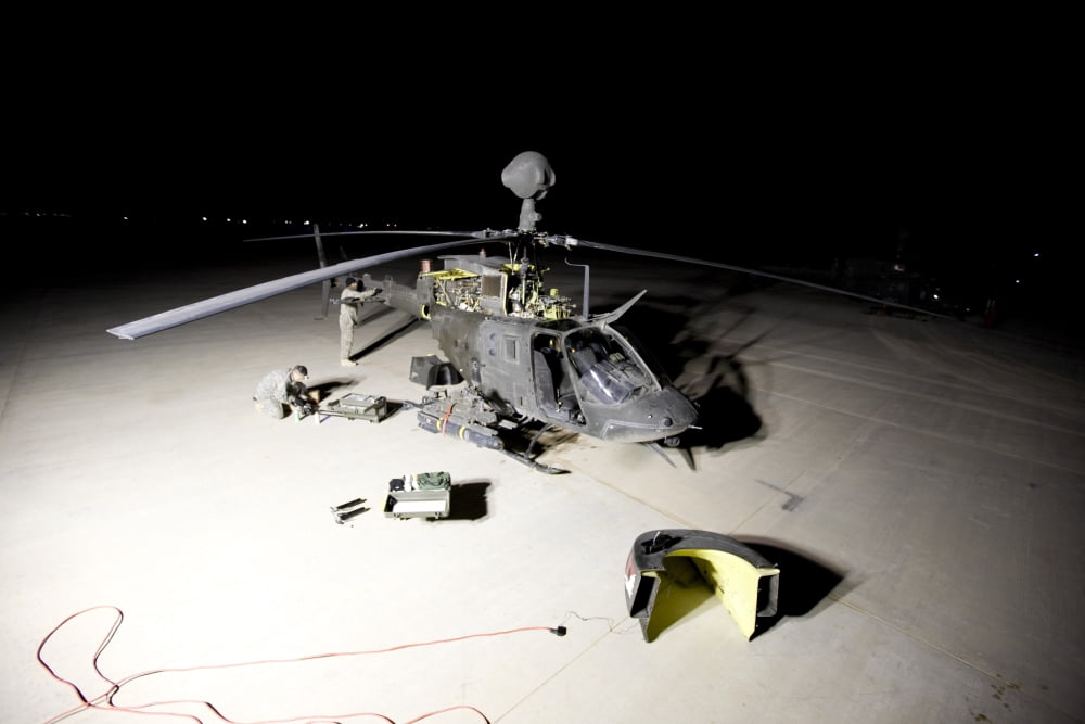 Maintenance crew works on servicing the OH-58 Kiowa before its next mission Canvas Art - Terry MooreStocktrek Images (18 x 12)