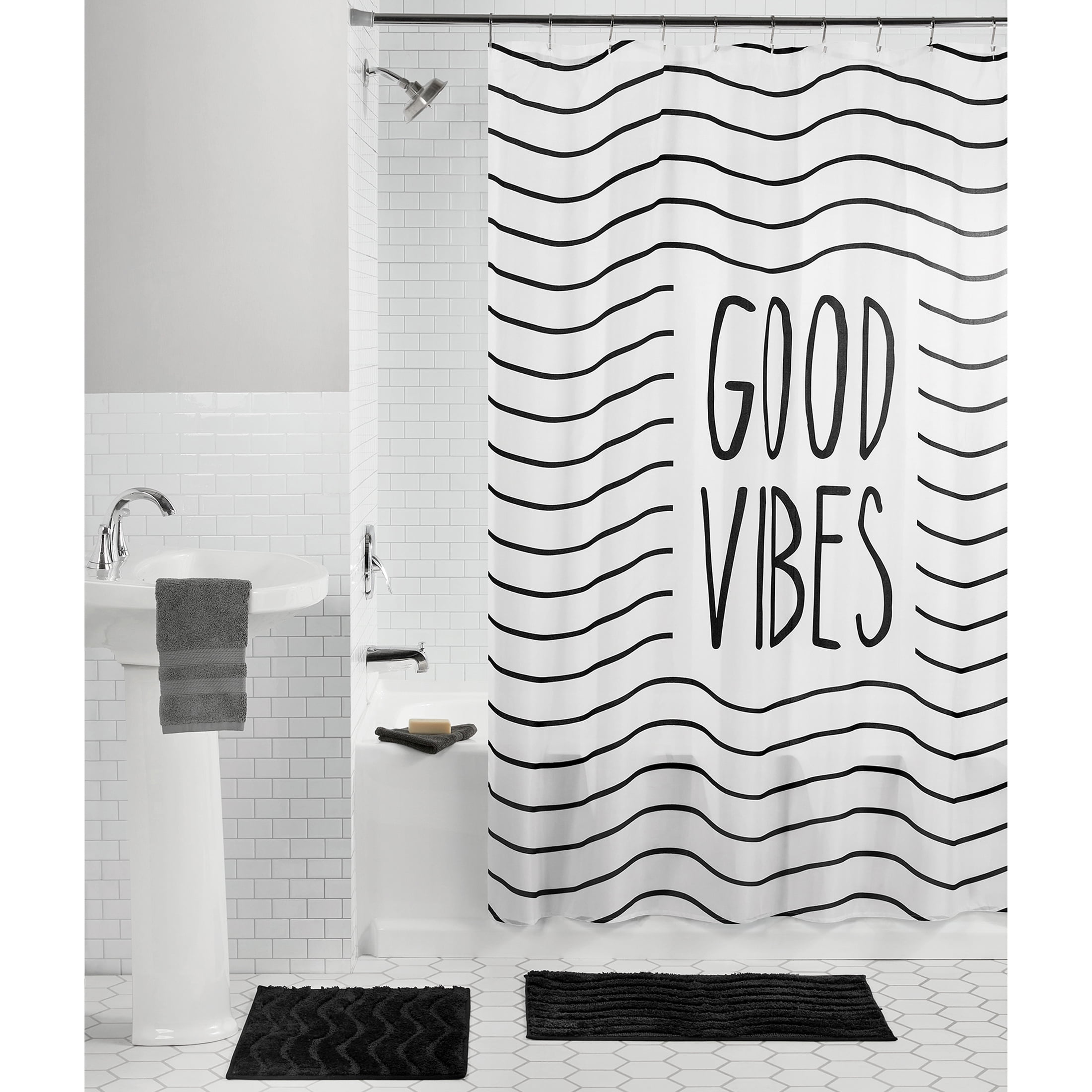 Mainstays Good Vibes 15PC Shower Curtain & Rug Bath Set, 70 x 72, Black/White