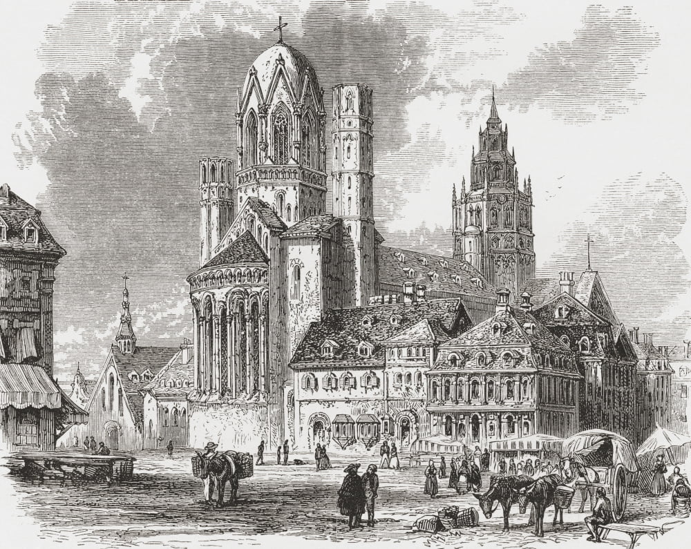 Mainz Cathedral Aka St Martins Cathedral Mainz Germany In The 19Th Century From Pictures From The German Fatherland Published C1880 Canvas Art - Ken Welsh Design Pics (34 x 26)