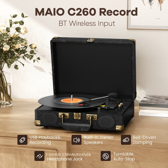 Maio C260 Retro Phonograph, Vinyl Record Player, High-Fidelity Stereo, Built-in Speaker, 3-Speed, Belt Drive Retro Phonograph, 3.5mm Music Output, Connectable to External Speakers, Best Holiday Gift