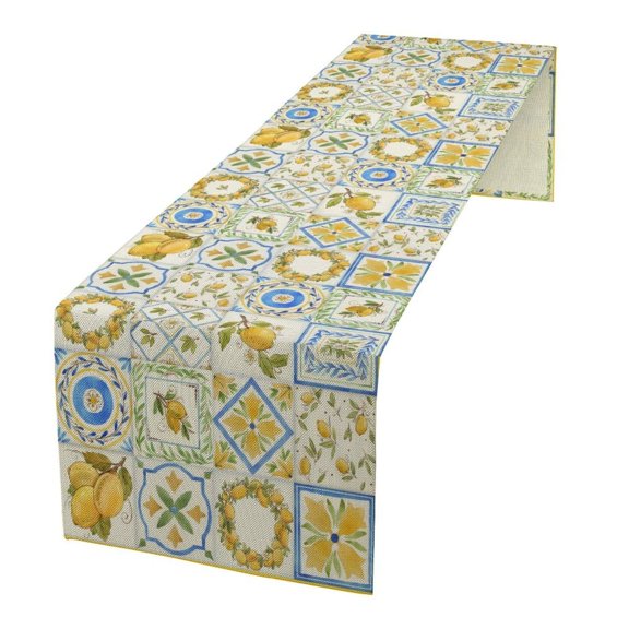 Maiolica Patchwork Tile Lemon Table Runner, Mediterranean Italian Style Decorative Table Runner for Dining Table Centerpiece