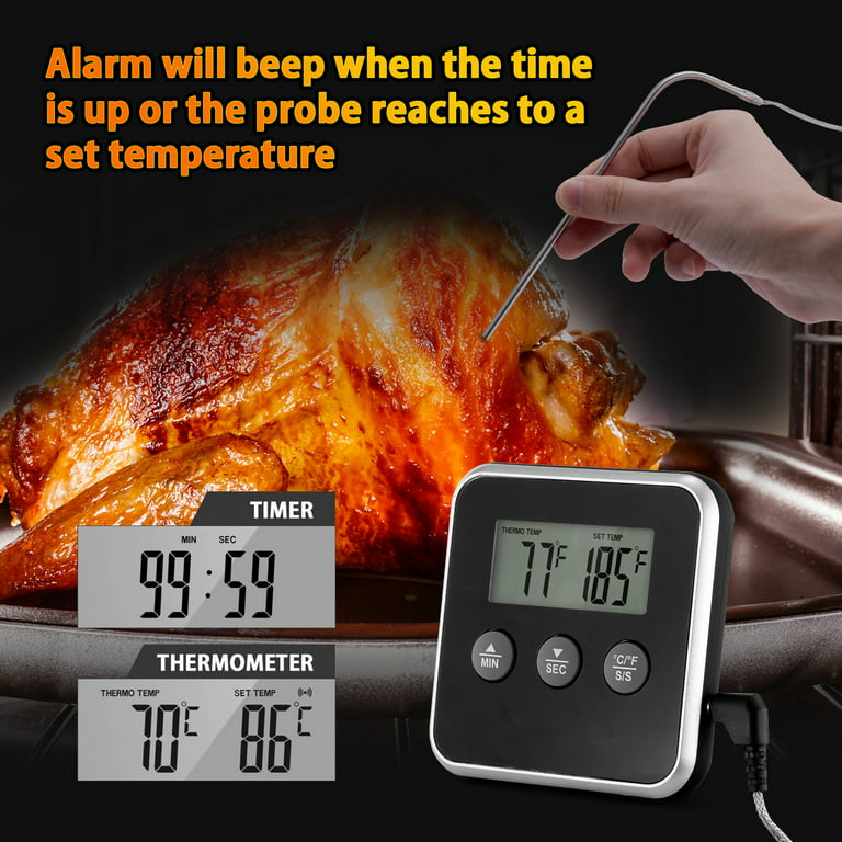Large LCD Display BBQ Thermometer with Timer - Stainless Steel Temperature  Probe for Precise Cooking