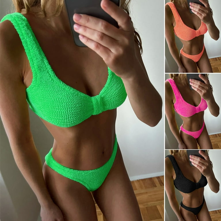 Mairbeon 2 Pcs/Set Women Swimsuit Knitted Elastic Padded No Wire Solid  Color Swimming Low-cut Candy Color Beach Bikini Set Water Activity Clothes  