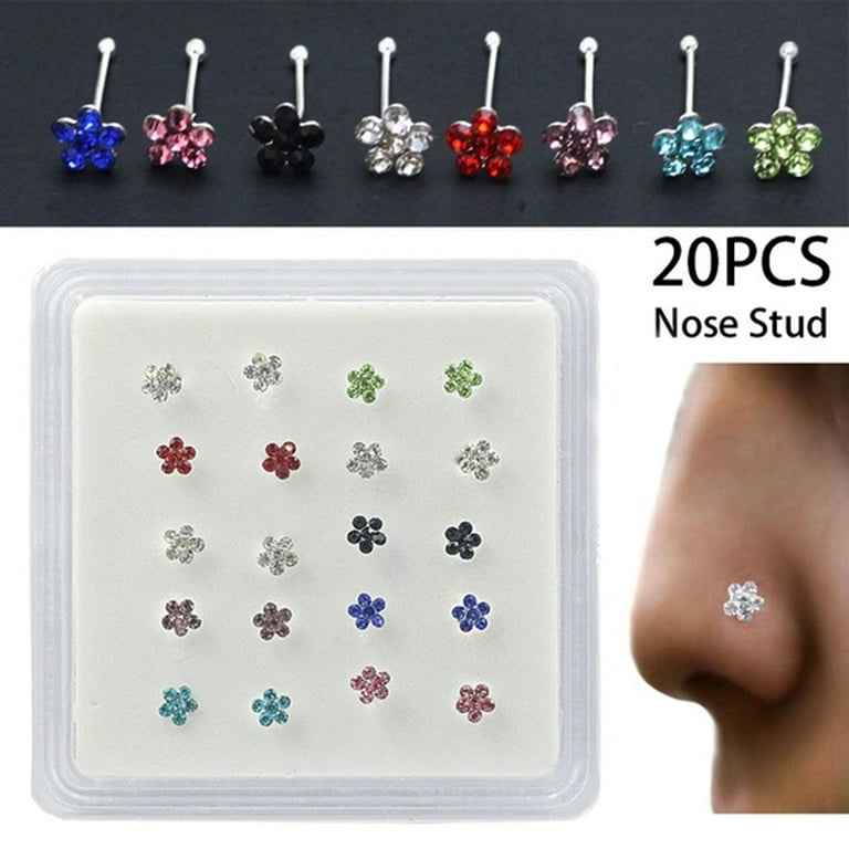 Mairbeon 20Pcs Box Women Flower Rhinestone Silver Plated Nose Stud Body Piercing Jewelry