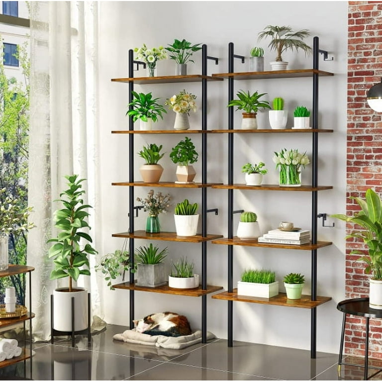 Mairbeon 5 Shelf Wood Ladder Bookcase with Metal Frame Industrial 5 Tier Modern Ladder Shelf Wood Shelves Dark Walnut