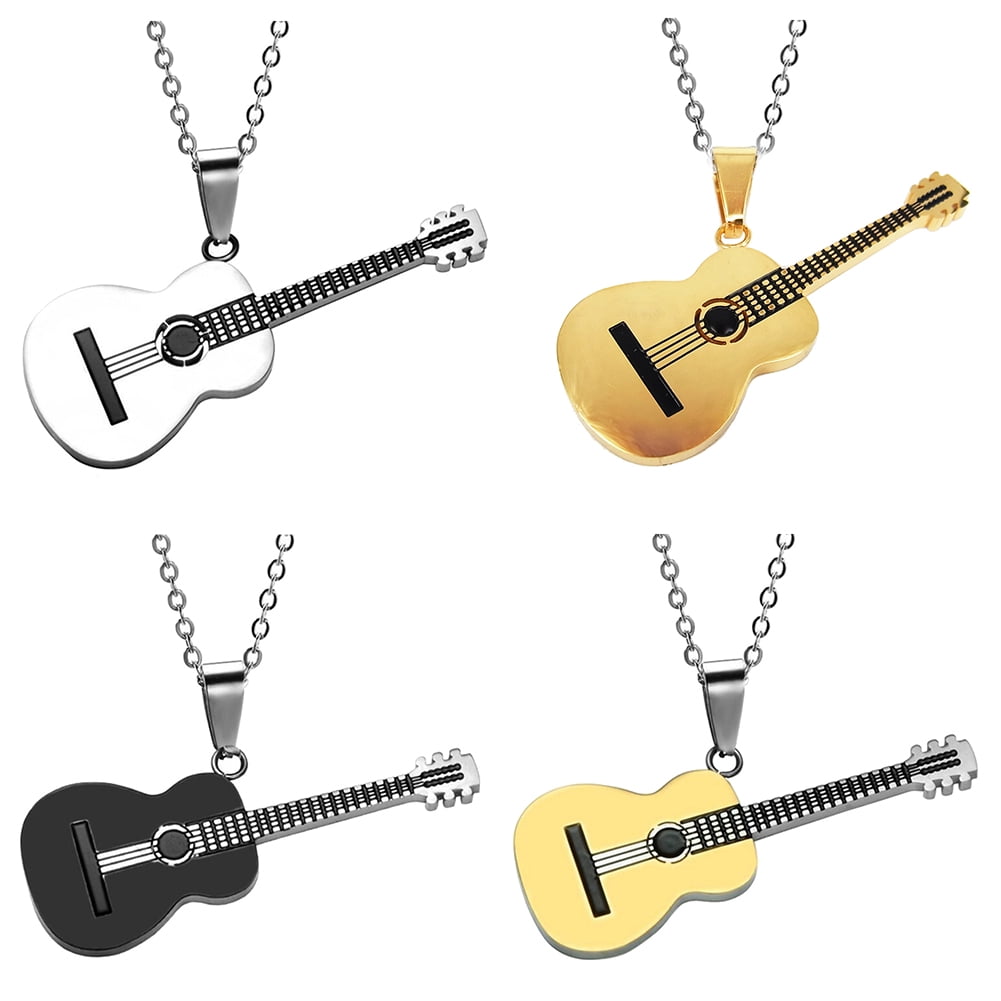 Gold Acoustic Guitar Dog Tag Stainless Steel Cremation Jewelry Pendant Necklace