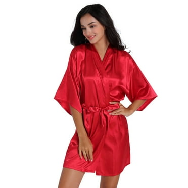 Mairbeon Sexy Women Solid Color Satin Kimono Robe Sleepwear Nightgown Dress Bathrobe