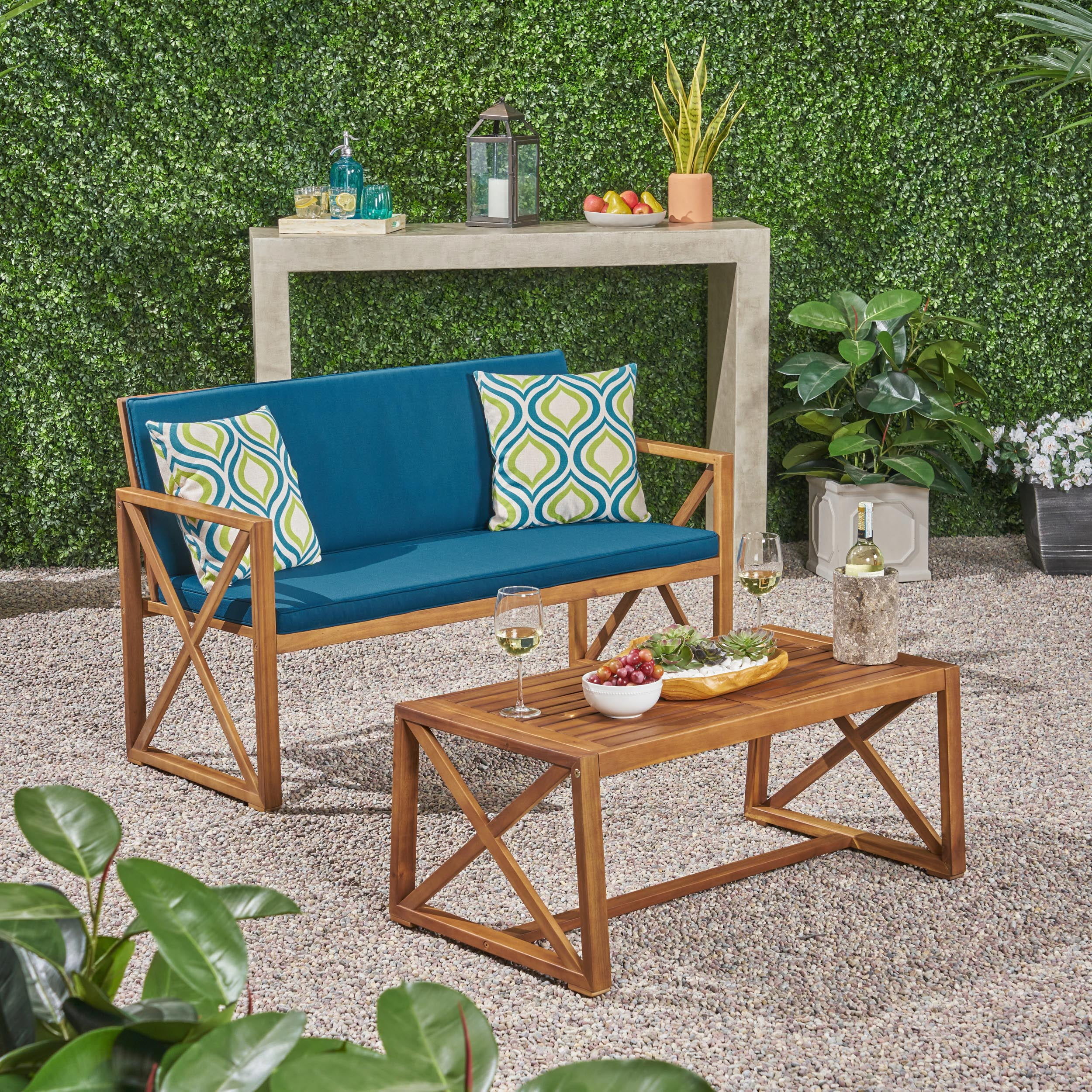 Maisie Outdoor Acacia Wood Loveseat with Coffee Table Set and Cushions