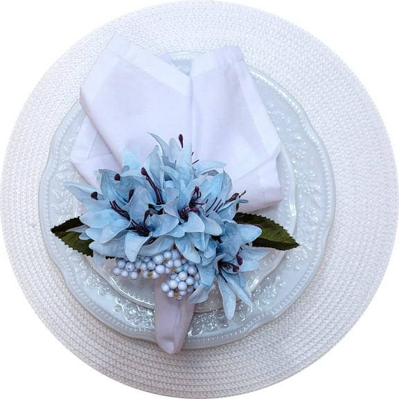 Maison Charlo Set of 4 Ice Blue Lilies Flower Napkin Rings for Special Occasions: Valentine's, Easter, Mother's Day, Thanksgiving, Christmas, Weddings, and Gatherings