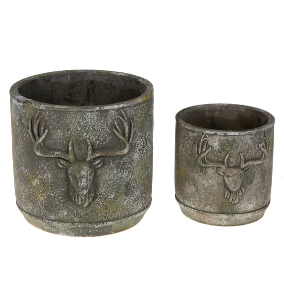 Maison Concepts 2 Pc Cement Round Planter Deer (6.9 L X 6.9 W X 5.9 H)
