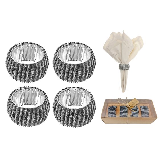 Maison Concepts 4PC Beaded Napkin Ring With Craft Box Black & Silver (Multi) 7.75" X 3.5" X 2.5"