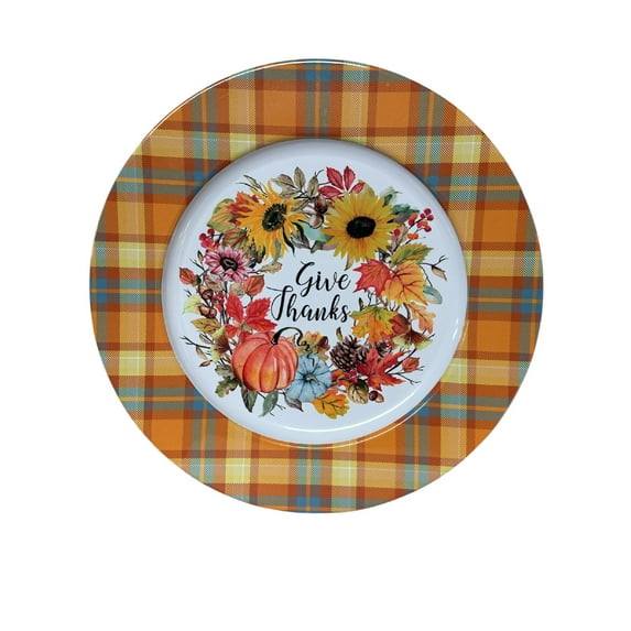 Maison Concepts Dinner Sets, Elegant Plates, Tableware, Dining Essentials, Metal, Multi Printed Metal Charger Plate (Pumpkin Wreath With Border) (13") - Set of 6, Dimensions: 13L X 13W X 0.4H