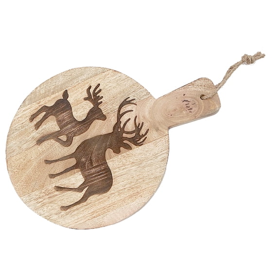 Maison Concepts Dinner Sets, Elegant Plates, Tableware, Dining Essentials, Wood, Brown 10" Mango Wood Round Two Reindeers Etched Cheese Board, Dimensions: 13.5L X 10W X 0.59H