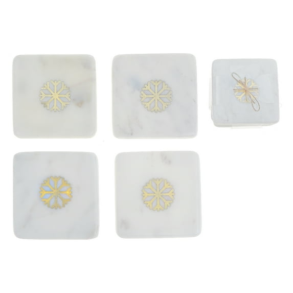 Maison Concepts Drink Coasters, Heat Resistant Trivets, Table Protection, Stylish Accessories, Marble, White 4Pc White Marble Square Coaster W/ Snowflake Brass Inlay (4X4"), Dimensions: 4L X 4W X 1H