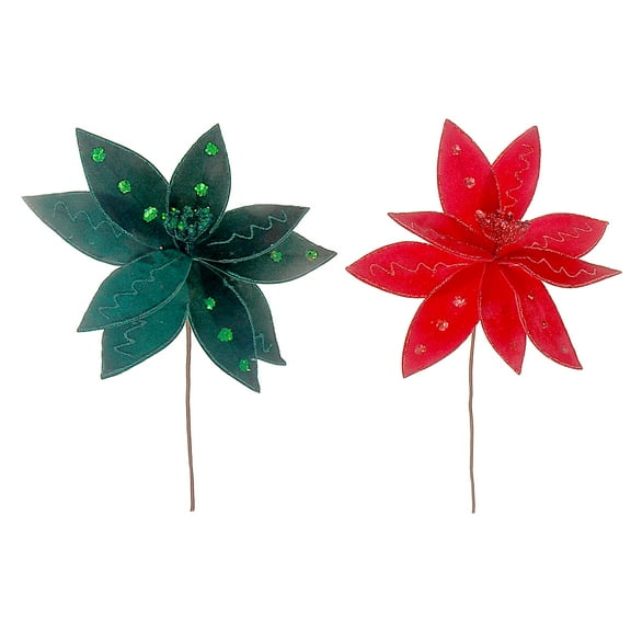 Maison Concepts Faux Flowers, Decorative Fruits, Dried Bouquets, Long-Lasting Decor, Polyester, Multi Glitter Felt Poinsettia Pick (Asstd) - Set of 12, Dimensions: 14L X 1W X 1H