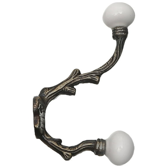 Maison Concepts Iron French Hook With Ceramic Ivory Knob (Antique Brass) - Set of 4 (1.25L X 3.25W X 5.5H)