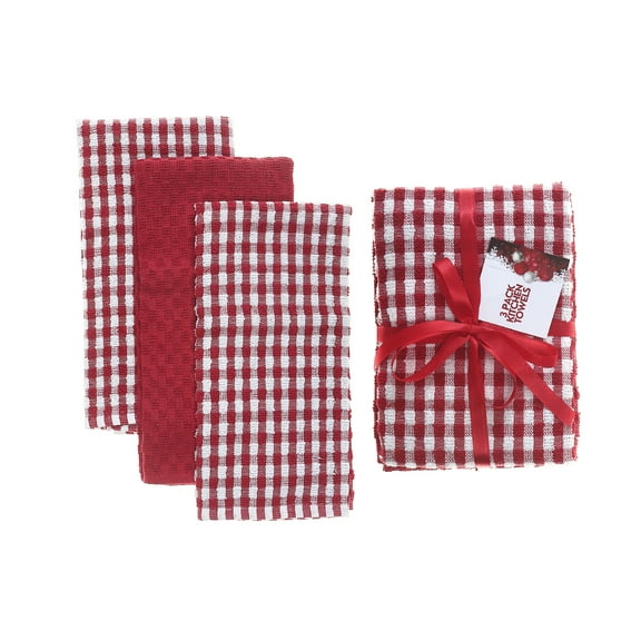 Maison Concepts Kitchen Towels, Oven Mitts, Dishcloths, Durable Linens, Cotton, Red 3 Pack Red Checkered Terry Kitchen Towels, Dimensions: 16L X 24W X 2H