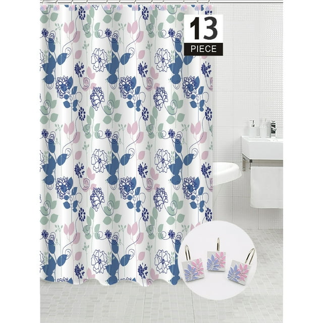 Maison Concepts Peva Shower Curtain With 12 Polyresin Hooks Blue Floral (72 L X 72 W X 2 H)