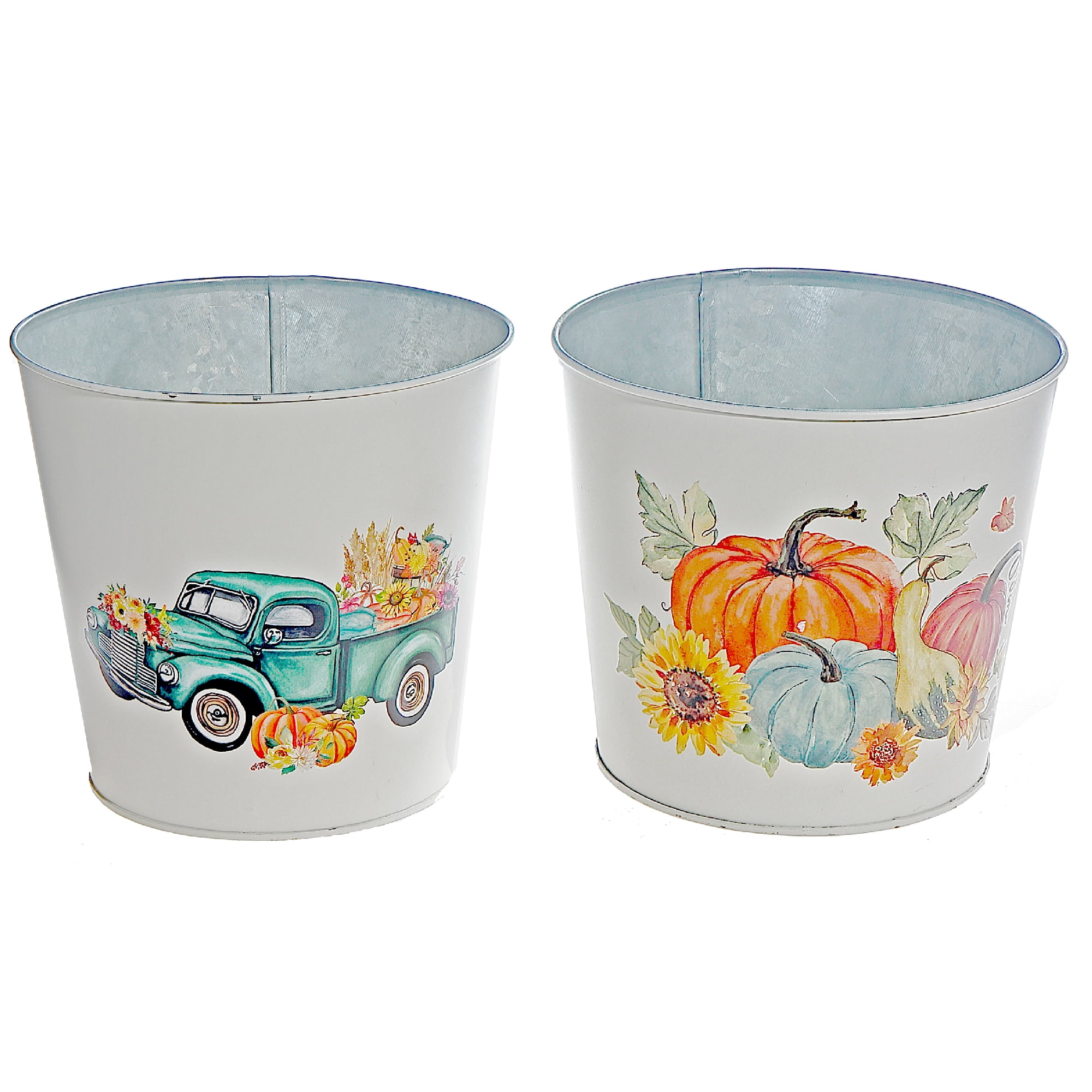 Maison Concepts Plant Pots, Decorative Planters, Indoor Gardening, Stylish Containers, Iron, Cream 6" Round Planter (Pumpkin Patch, Green Truck) (Asstd) - Set of 2, Dimensions: 6L X 6W X 5.3H