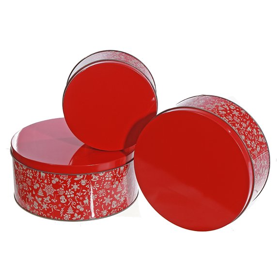 Maison Concepts Storage Baskets, Organization Solutions, Decorative Storage, Home Tidying, Metal, Multi Nesting Round Tin Boxes (3Pc Set) (Snowflakes) (Red), Dimensions: 7.9L X 7.9W X 2.6H