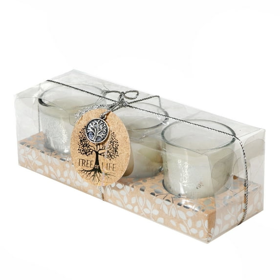 Maison Concepts Tree Of Life Set Of 3 Candles In Short Glass In Pvc Box (White) 7.56" X 2.44" X 2.56"