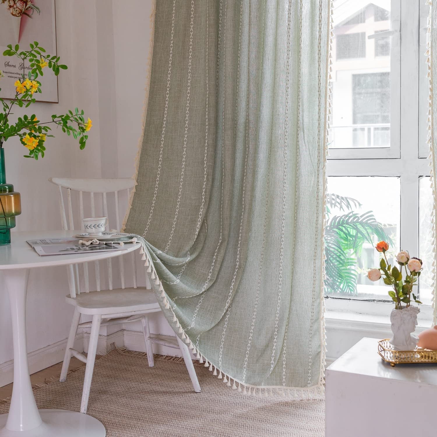 NixiYa Boho Curtains Linen Farmhouse Curtains Semi Sheer Curtains 52" W x 84" L Green