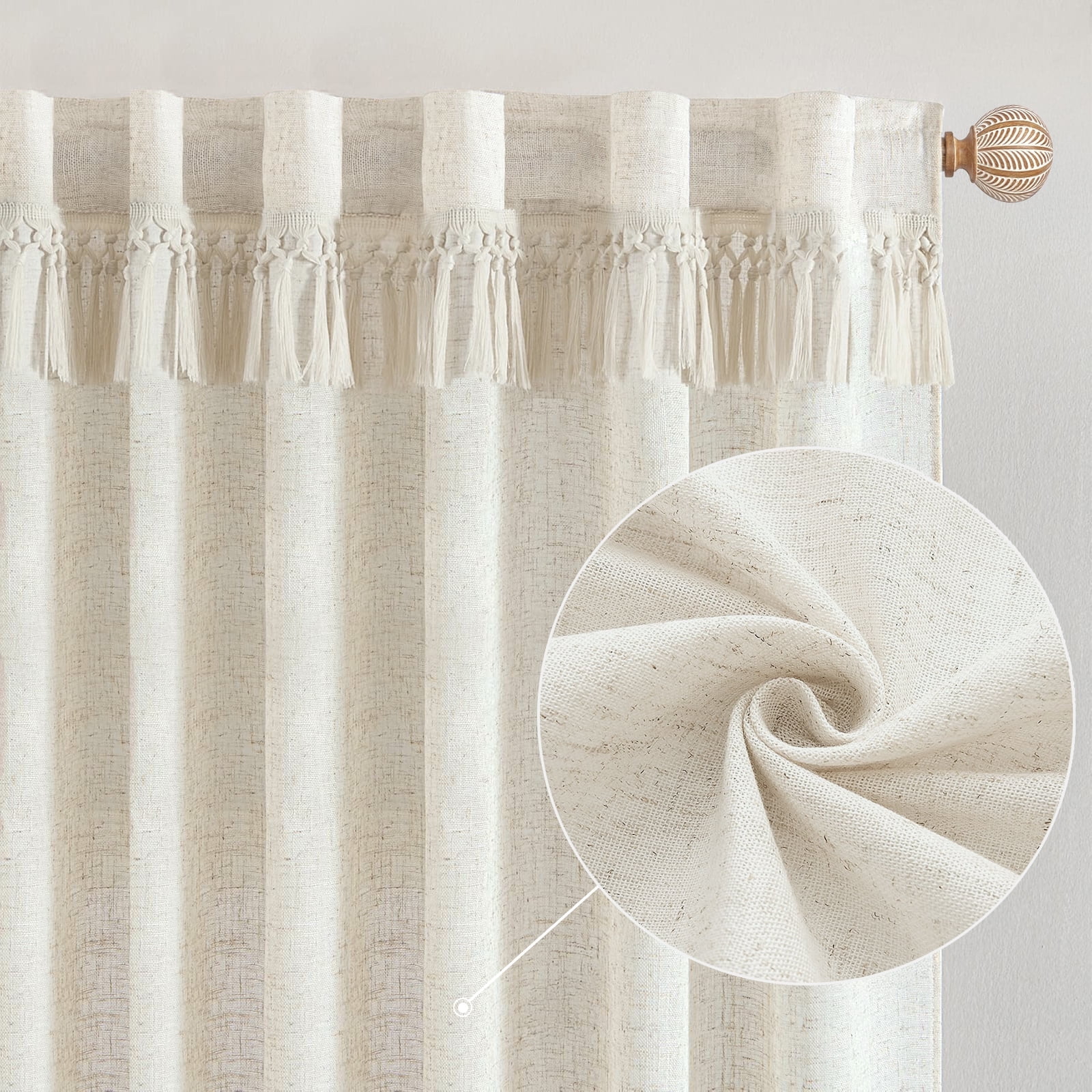 NixiYa White Farmhouse Curtains for Living Room Linen Boho Curtains 52" x 84",2 Panels