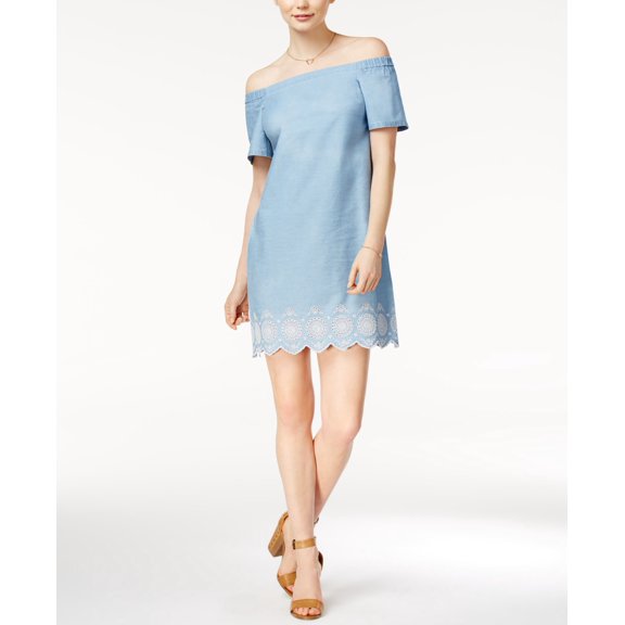 Maison Jules Embroidered Off The Shoulder Dress Chambray 2XS