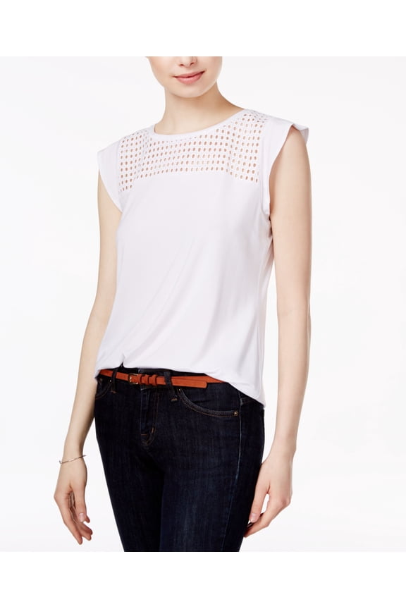 Flutter Sleeve Eyelet Detail Top Bright White 2XS