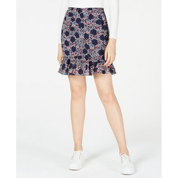 Maison Jules Ruffled Floral Print Skirt Blu Wildflower Geo M