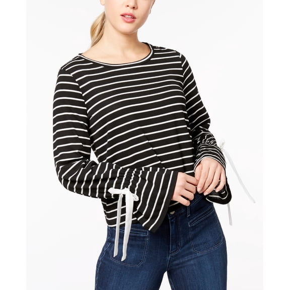 Maison Jules Striped Bell Sleeve Top Black Combo 2XS