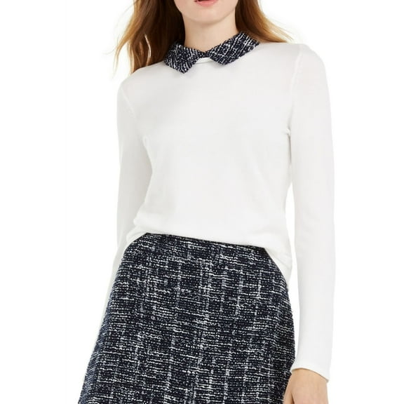 Maison Jules Women's Long-Sleeve Tweed-Collar Sweater White Size Large