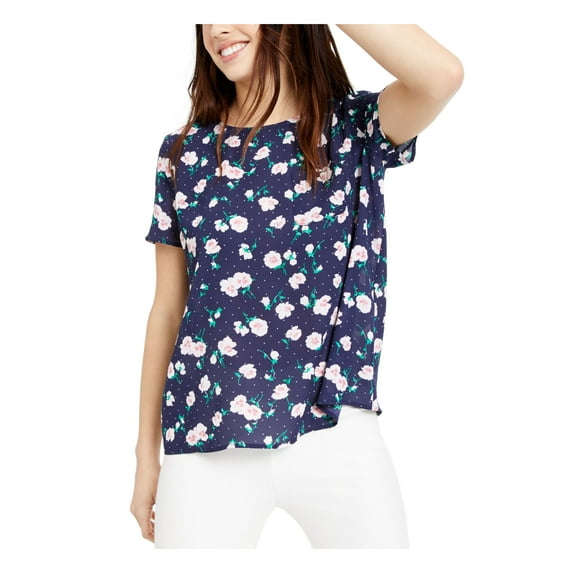 Maison Jules Women's Navy Pocketed Floral Short Sleeve Jewel Neck Top Navy Size Medium