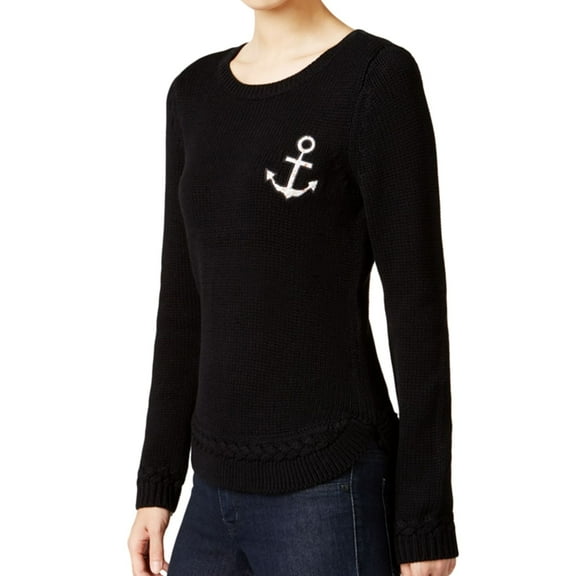 maison Jules Womens Anchor Patch Knit Sweater, Black, Small