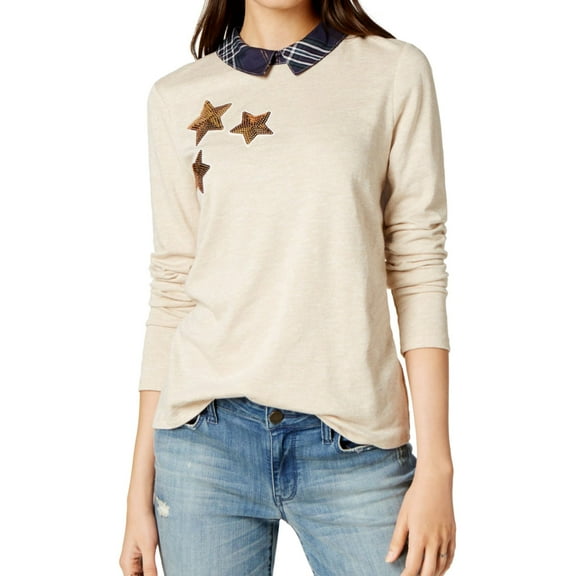 Maison Jules Womens Collared Sequined Knit Blouse