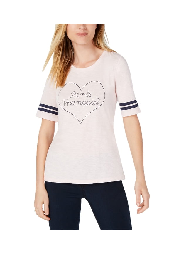 Womens Crew Neck Varsity-Stripe Heart-Print T-Shirt