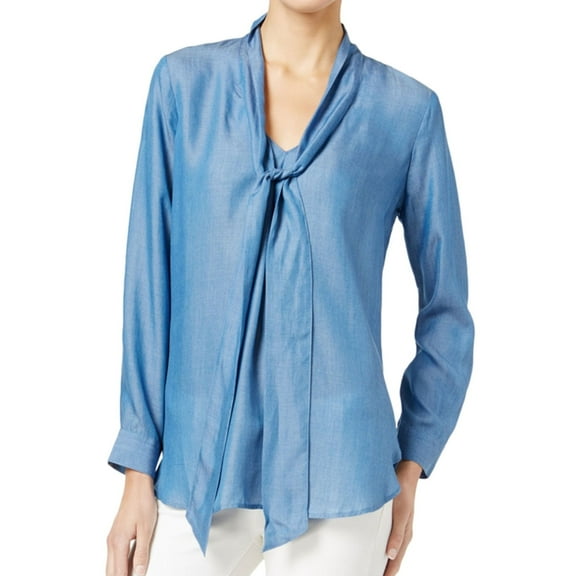 maison Jules Womens Denim Sailor-Neck Pullover Blouse, Blue, Small