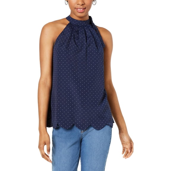 Maison Jules Printed Scalloped Hem Halter Top Blue/White Pin Dot M