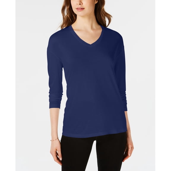 Maison Jules Womens Dropped Shoulder V Neck Heathered Basic Jersey Top Blue Notte L