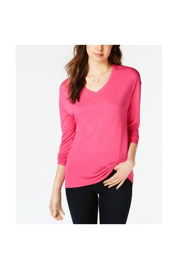 Womens Dropped Shoulder V Neck Heathered Basic Jersey Top Fuchsia M