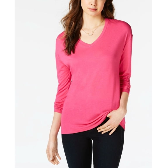 Maison Jules Womens Dropped Shoulder V Neck Heathered Basic Jersey Top Fuchsia M