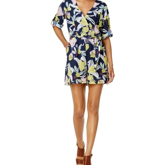 maison Jules Womens Faux-Wrap Floral Romper Jumpsuit, Blue, X-Small