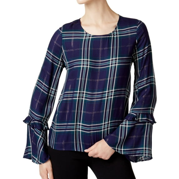 Maison Jules Womens Plaid Knit Blouse