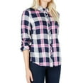 thumbnail image 1 of MAISON JULES Womens Navy Plaid  Relaxed Fit 3/4 Sleeve Collared Button Up Top  Size: S, 1 of 2