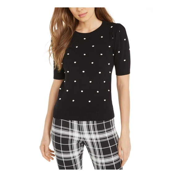 Maison Jules Womens Polka Dot Ribbed Trim Pullover Sweater