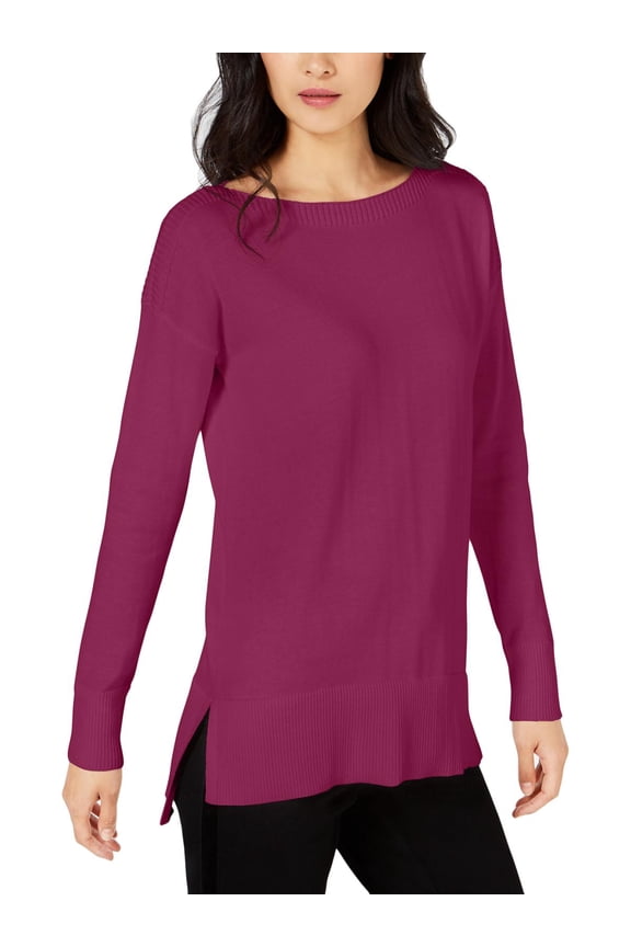 Womens Ribbed Trim Slit Hem Pullover Sweater