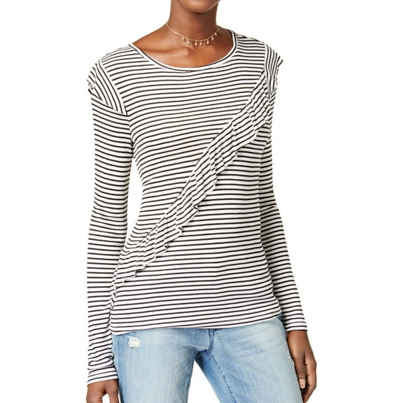 maison Jules Womens Ruffled Trim Basic T-Shirt, Black, X-Large