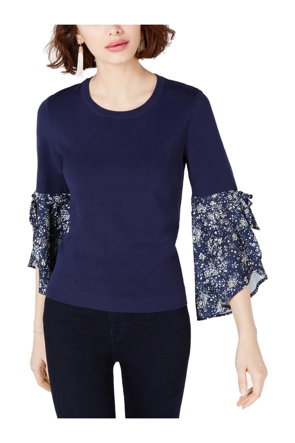 Womens SWT CRW NCK BW FLUTT Printed Ribbed Crewneck Sweater Navy XS