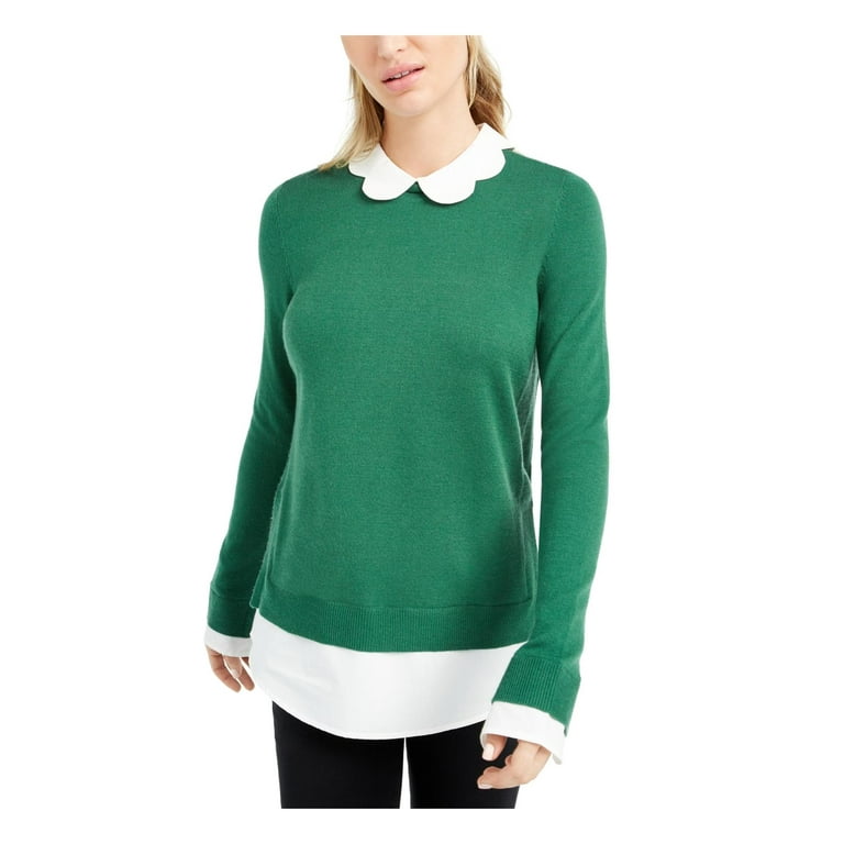 Maison Jules Womens Scalloped Collar Layered Crewneck Sweater Green S