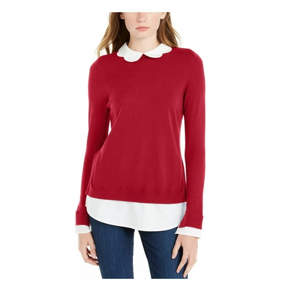 Maison Jules Womens Scalloped Collar Layered Crewneck Sweater Red XL